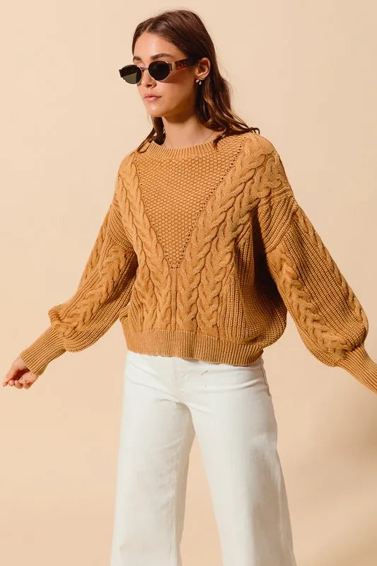 Mineral Washed Loose Fit Textured Cable Sweater