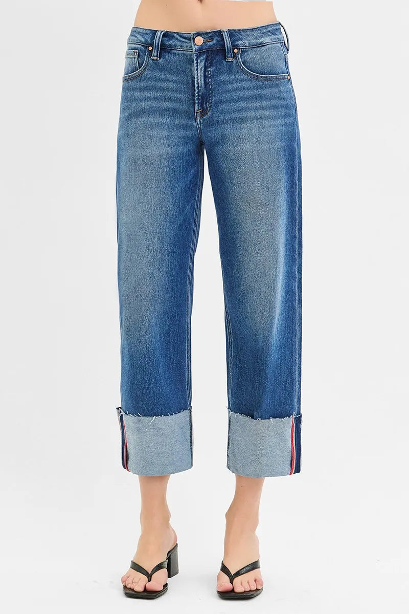 Full Size Mid Rise Crop Jeans with Tummy Control Cuffs