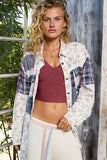 Button-Up Lace Accent Floral Jacket with Plaid Patchwork