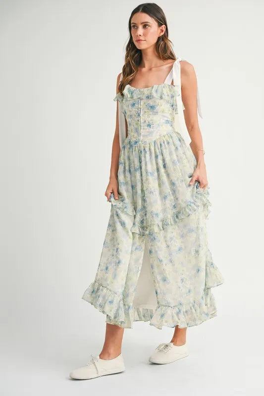 Floral Printed Shoulder Strap Midi Dress