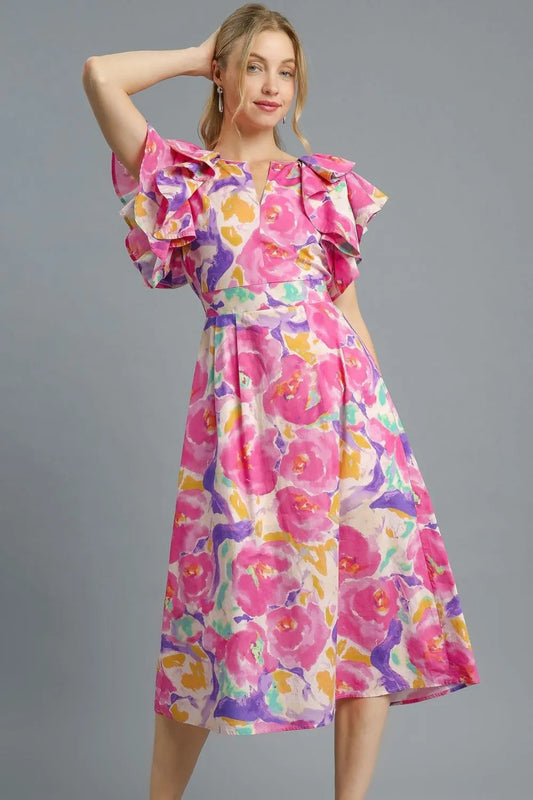Watercolor Elegance Ruffle Sleeve Midi Dress
