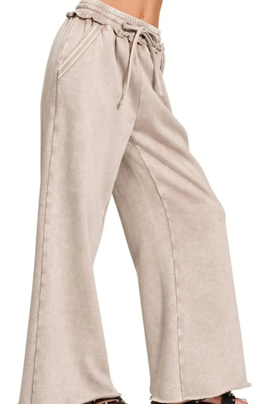 Acid Wash Fleece Palazzo Sweatpants with Pockets