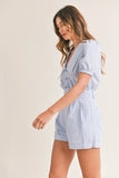 Striped Puff Sleeve Collared Neck Romper