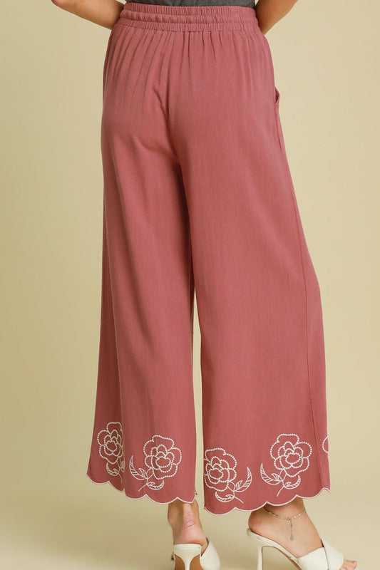 Full Size Linen Blend Wide Leg Pants with Scalloped Hemline Plus Size
