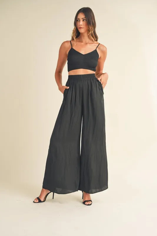 Smocked Bralette Crop Top and Wide Leg Pants Set