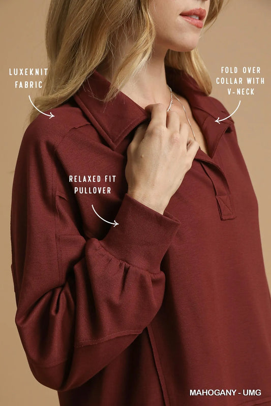 Exposed Stitch Long Sleeve Polo Shirt with Side Vent
