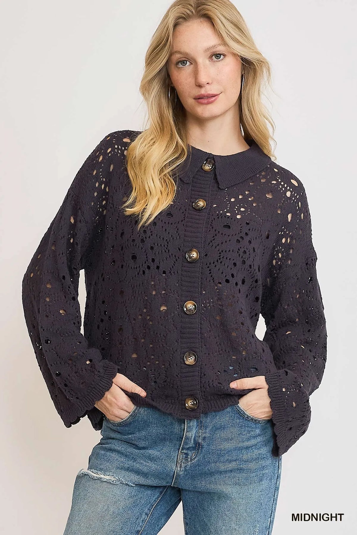 Eyelet Lace Button-Front Cardigan