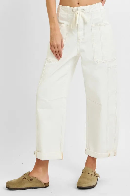 High-Waist Utility Ankle-Length Drawstring Pocket Jeans