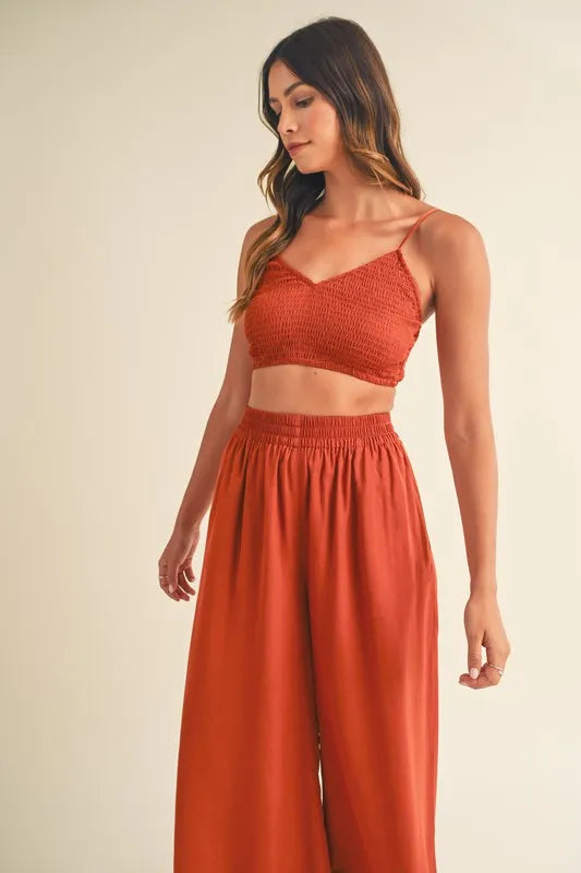 Smocked Bralette Crop Top and Wide Leg Pants Set