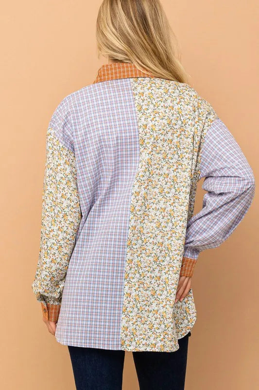 Floral and Plaid Color Block Shirts with Pocket