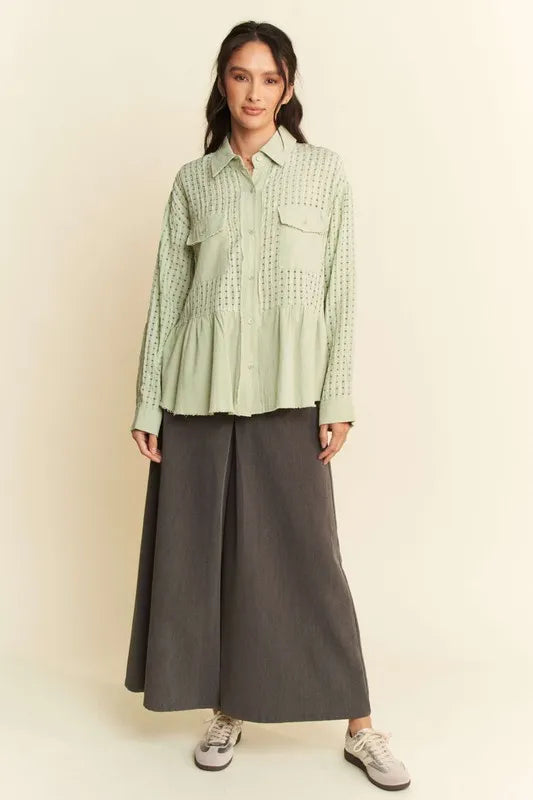 Garment Washed Jacquard Button Front Shirt