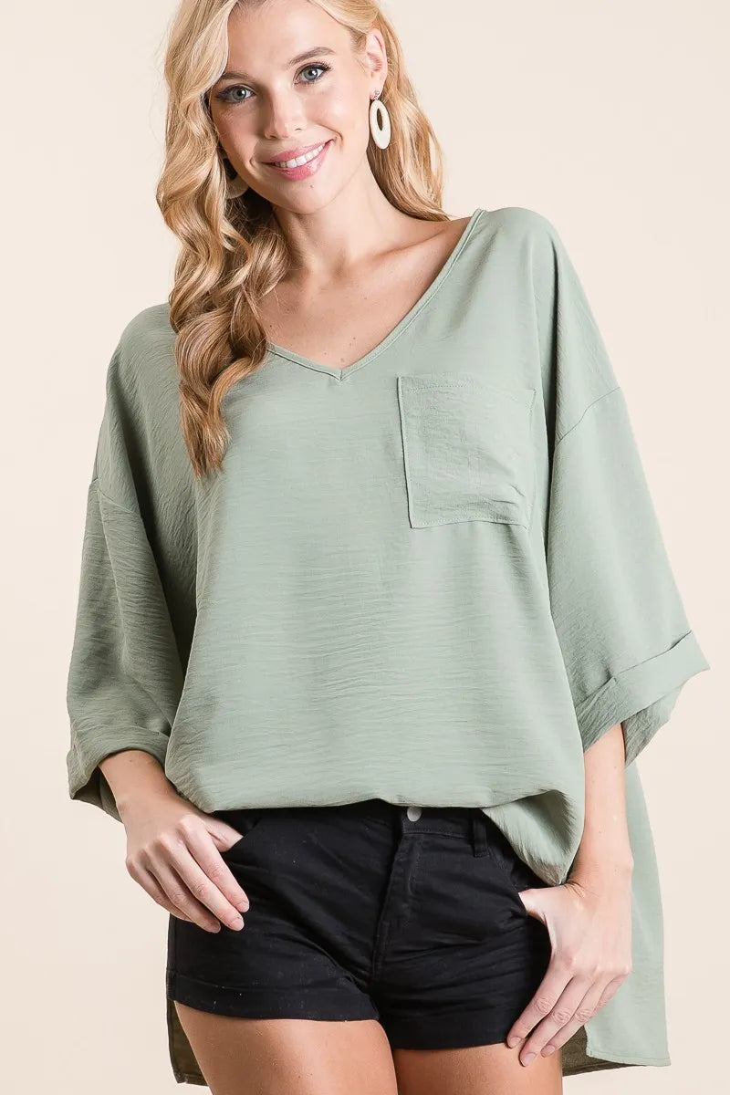 Relaxed V-Neck Top with Rolled Cuffs