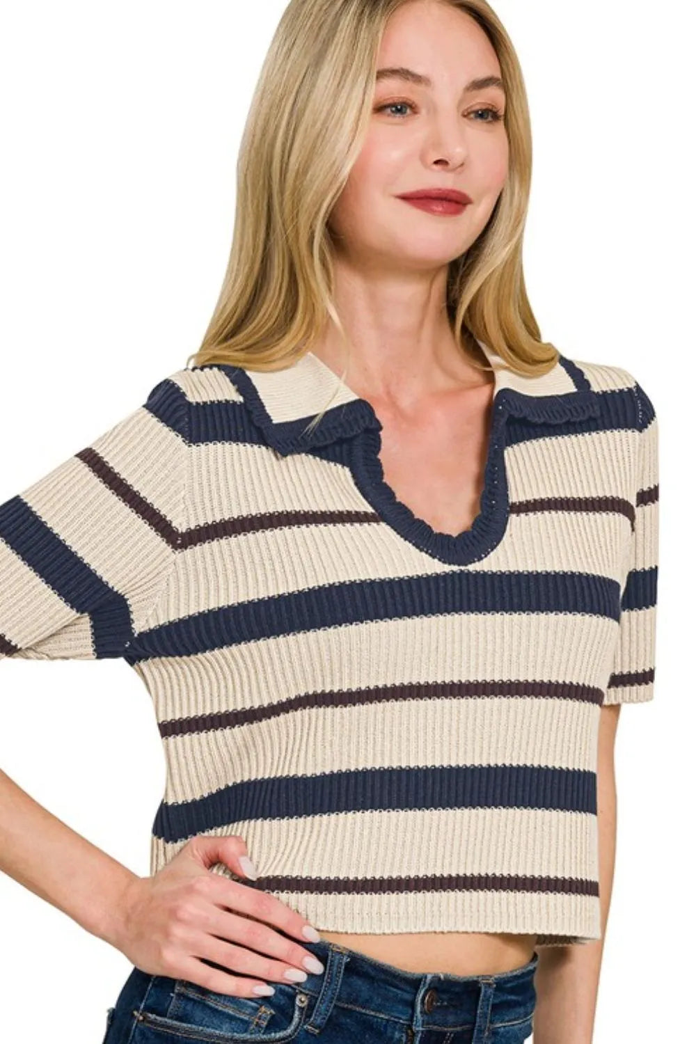 Striped Collared Short Sleeve Cropped Sweater
