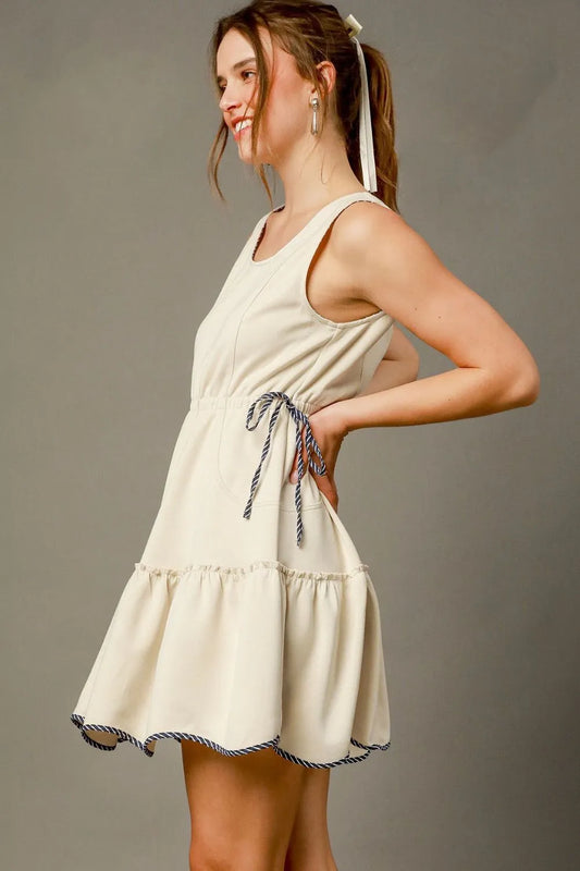 Ruffled V-Neck Sleeveless Mini Dress with Drawstring Waist