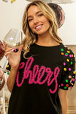 Metallic Letter Sequin Raglan Puff Sleeve Top