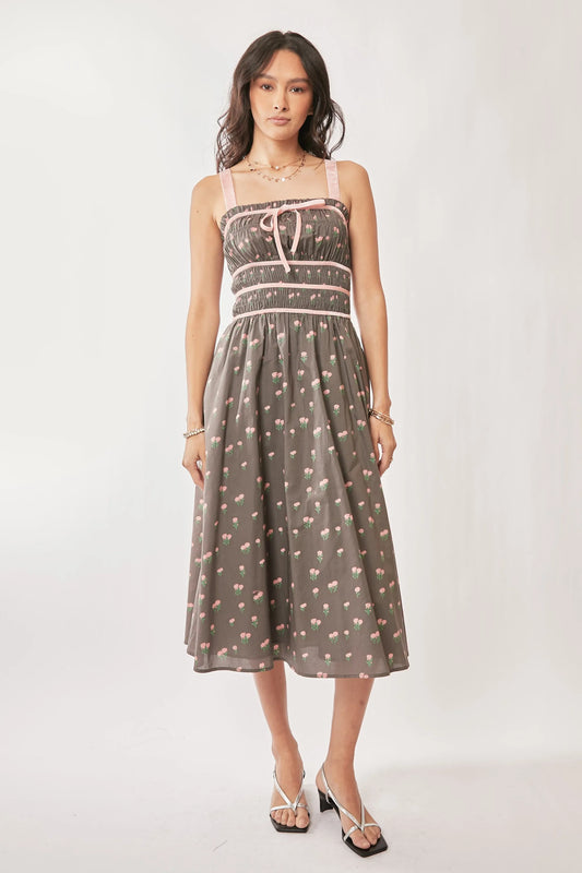 Contrast Velvet Tape Smocking Bodice Midi Dress
