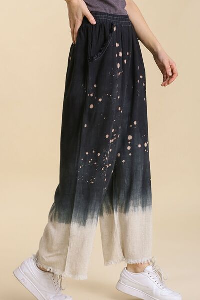 Full Size Raw Hem Linen Blend Bleach Dip Dye Wide Leg Pants Plus Size