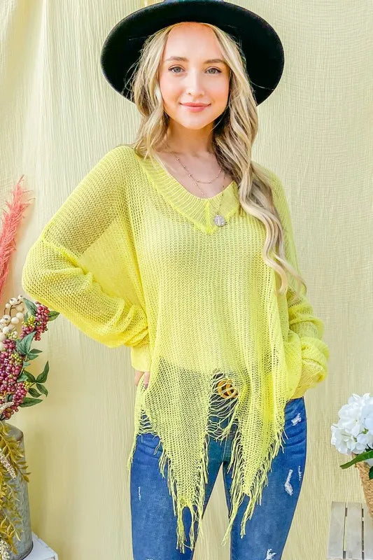Distressed Mesh V Neck Spring Sweater Cover Up