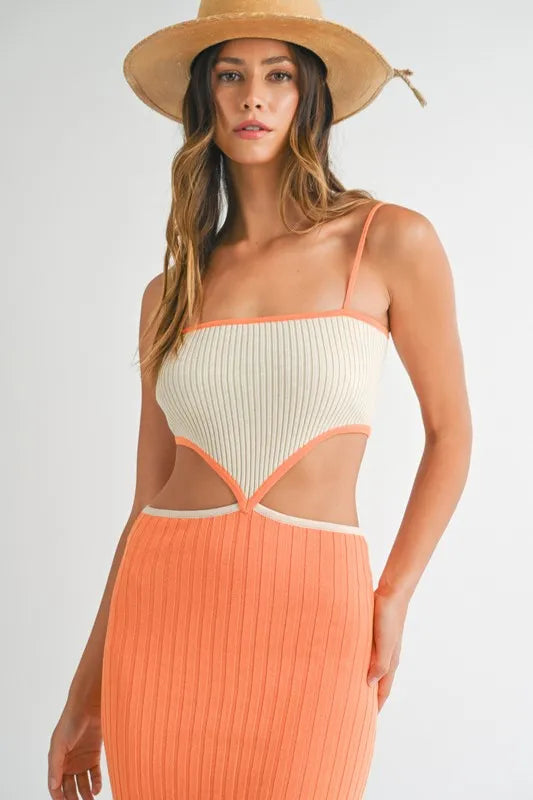 Ribbed Knit Color Block Cutout Midi Dress