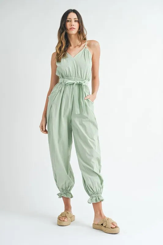 Washed Fabric Spaghetti Strap Waist Belted Jumpsuit