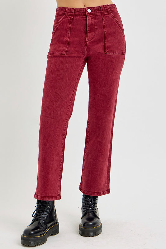 Full Size High Rise Straight Jeans with Patch Pockets - Wine