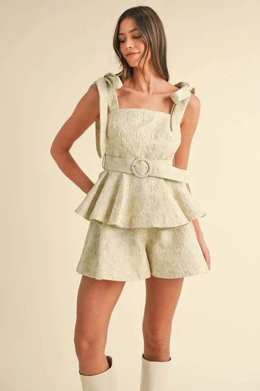Jacquard Floral Peplum Top and Flare Shorts Set