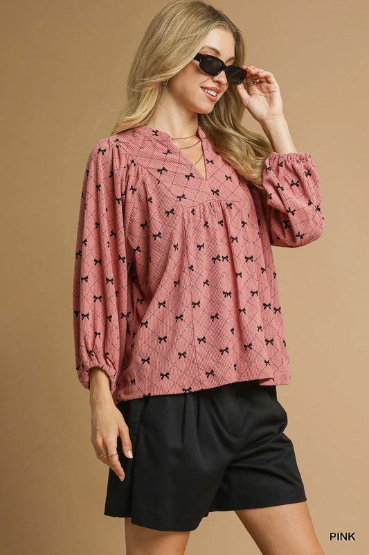 Bow Print Corduroy Balloon Sleeve Top