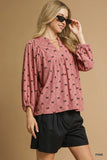 Bow Print Corduroy Balloon Sleeve Top