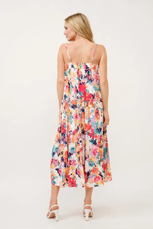 Tiered Floral Midi Cami Dress with Pockets