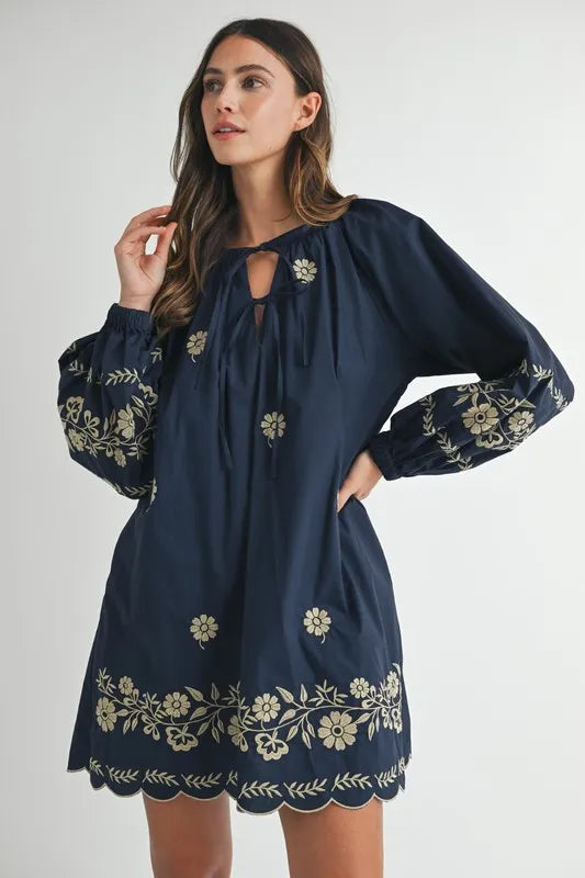 Embroidered Long Sleeve Peasant Mini Dress