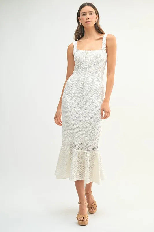 Ruffled Hem Sleeveless Crochet Knit Midi Dress