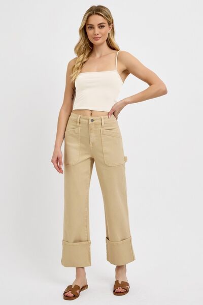 Full Size High Rise Wide Straight Cuffed Patch Jeans Plus Size