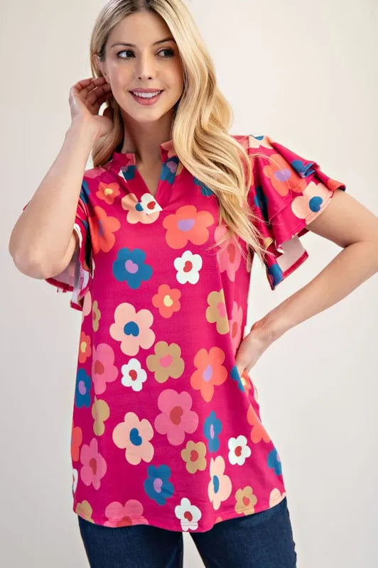 Bold Floral Ruffle Sleeve Top