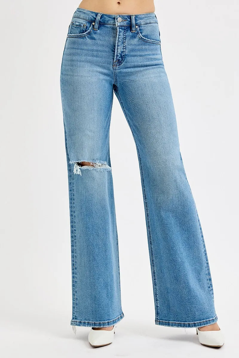 High-Waisted Flare Denim with Knee Rips
