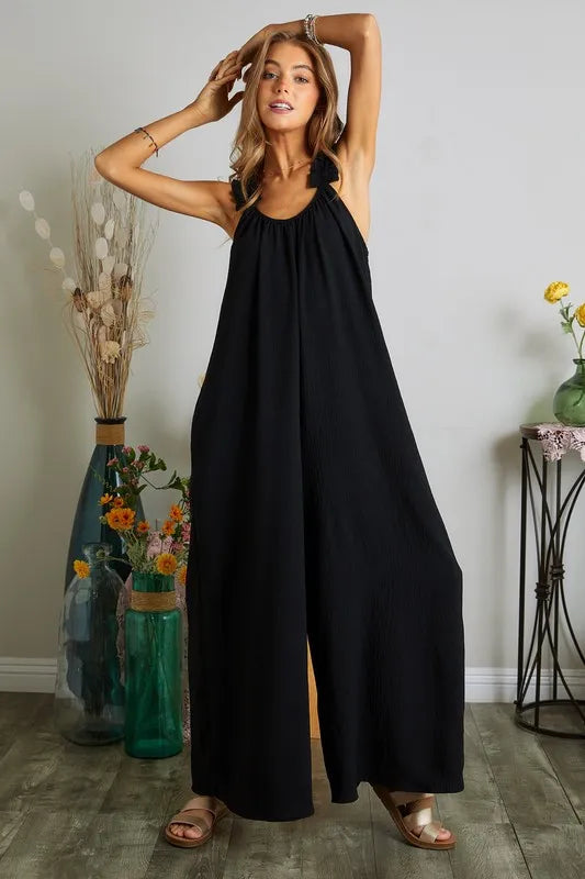 Full Size Elastic Ruffle Shoulder Jumpsuit Plus Size