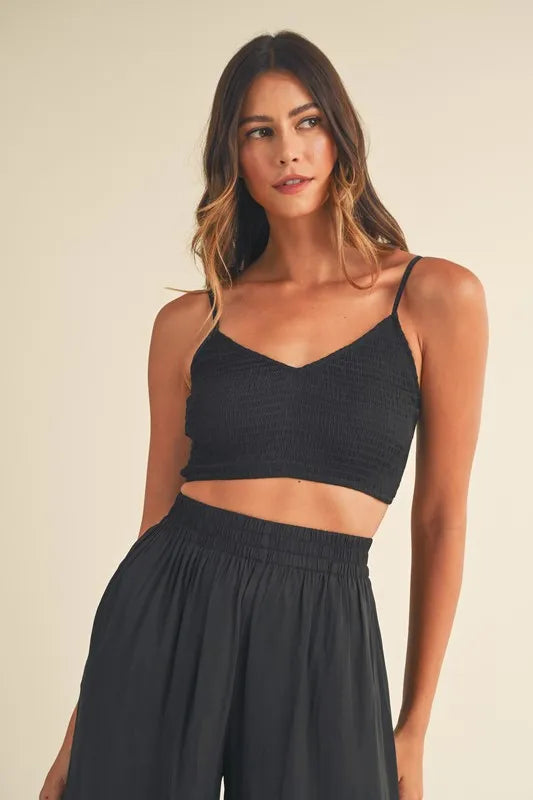 Smocked Bralette Crop Top and Wide Leg Pants Set