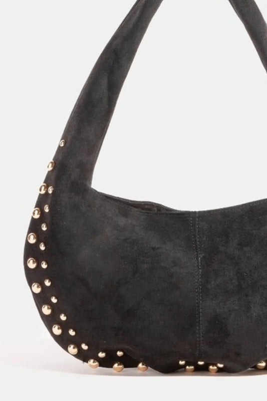 Studded Crescent Suede-Like Handbag