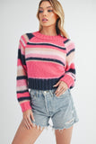 Striped Ribbed Neckline Raglan Sleeve Sweater