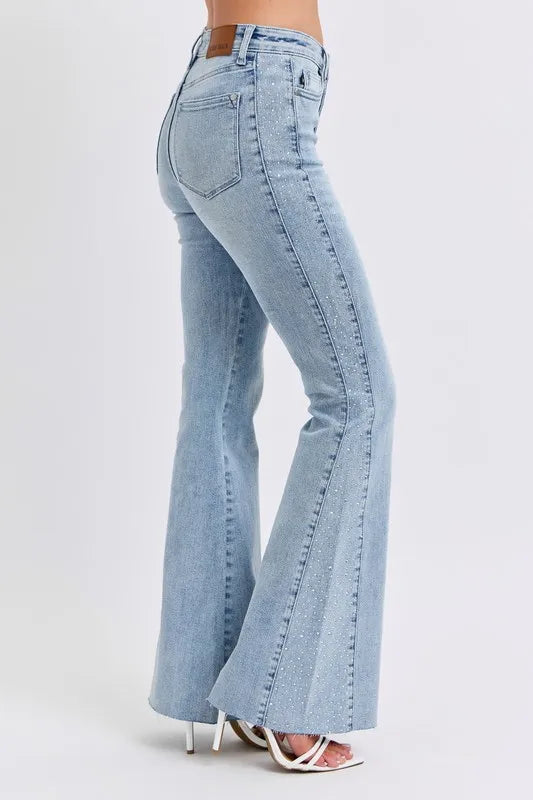 Full Size Midi Rise Rhinestone Side Panel Detail Flare Jeans Plus Size