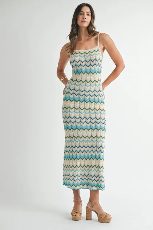 Lightweight Pointelle Chevron Knit Maxi Dress