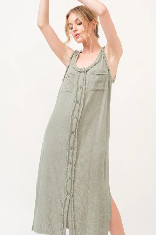Washed Gauzed Patch Pocket Tank Midi Dress