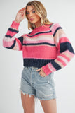 Striped Ribbed Neckline Raglan Sleeve Sweater