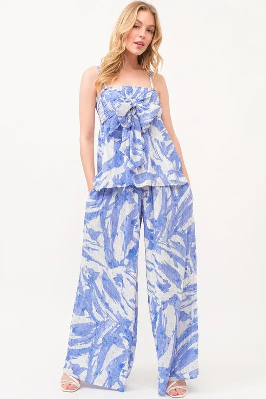 Smocked Tied Waist Abstract Print Wide Leg Pants