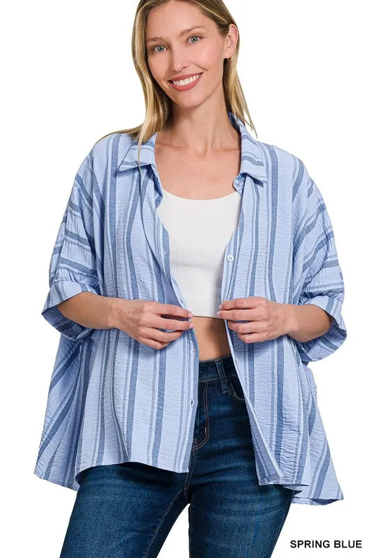 Woven Yarn-Dye Stripe Oversized Button Down Shirt