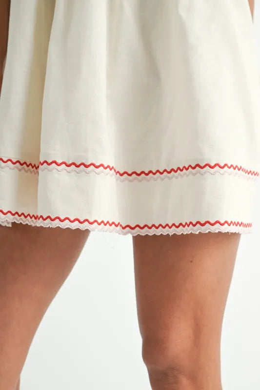 Zig Zag Embroidered Shoulder Tie Mini Dress