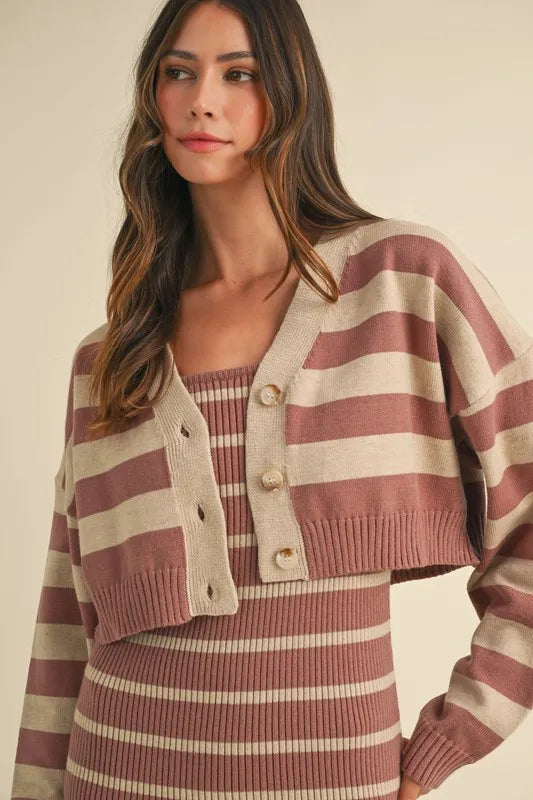 Stripe Crop Cardigan and Bodycon Dress Sweater Set