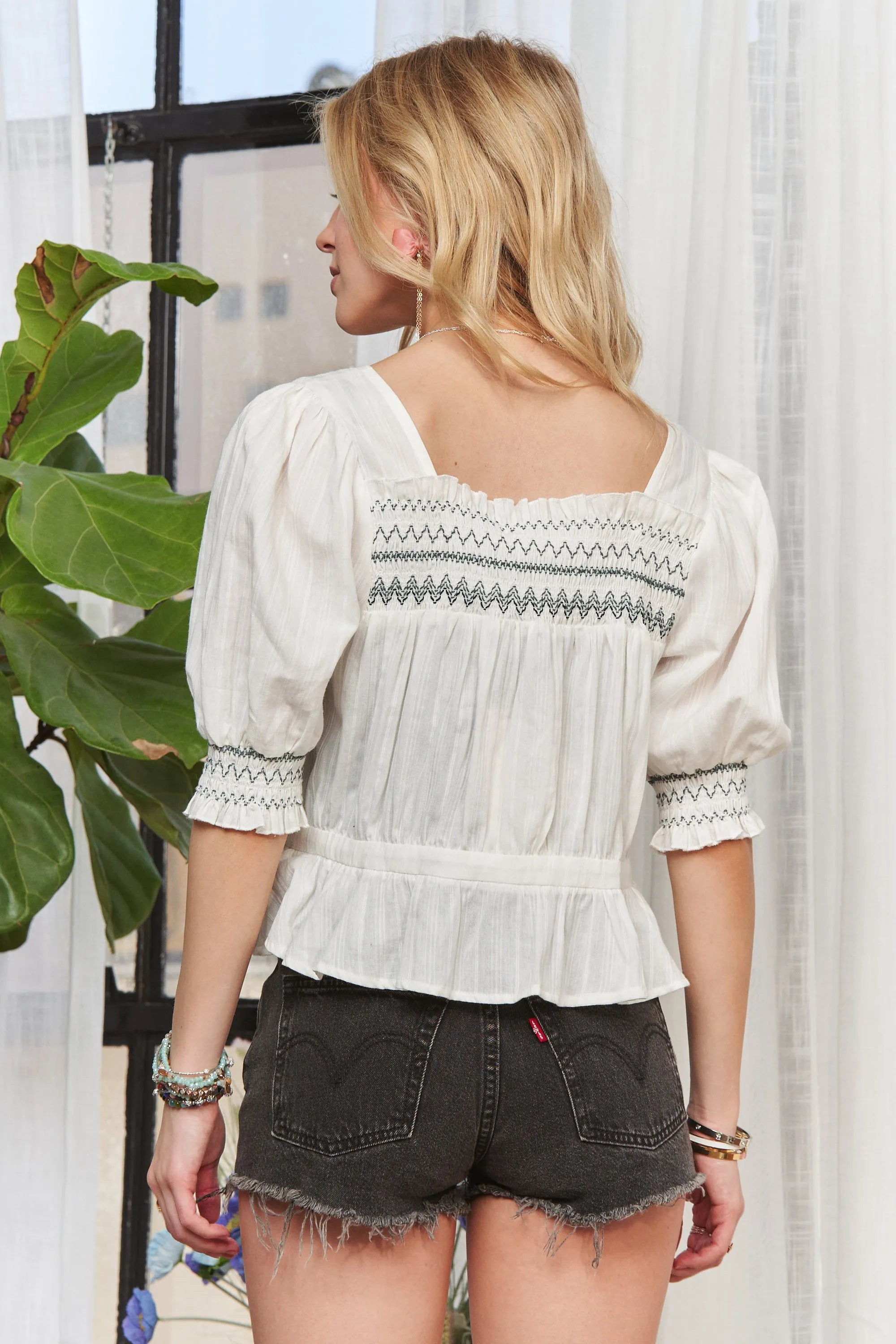 Smocked Puff Sleeve Peasant Blouse