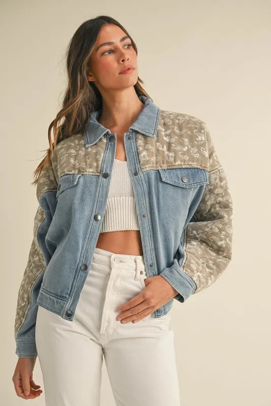 Quilted Paisley Print Contrast Denim Jacket