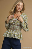 Botanical Peplum Blouse with Waist Tie