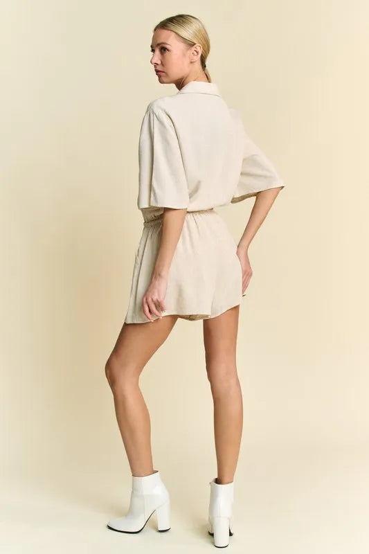 Drawstring Waist Button-Down Shirt Romper